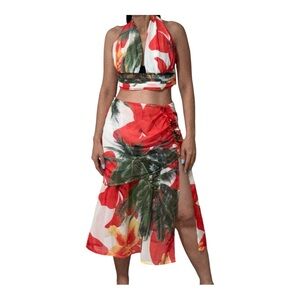 L’ATISTE 2 piece Set Top & Skirt Tropical Red Floral Hawaiian Party Attire Sz S